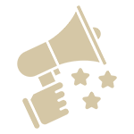 A black and white icon of a megaphone with stars.